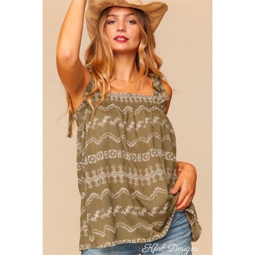 LAST 1! Olive Boho Embroidered Ruffle Tie Strap Tank Top! - Picture 3 of 5